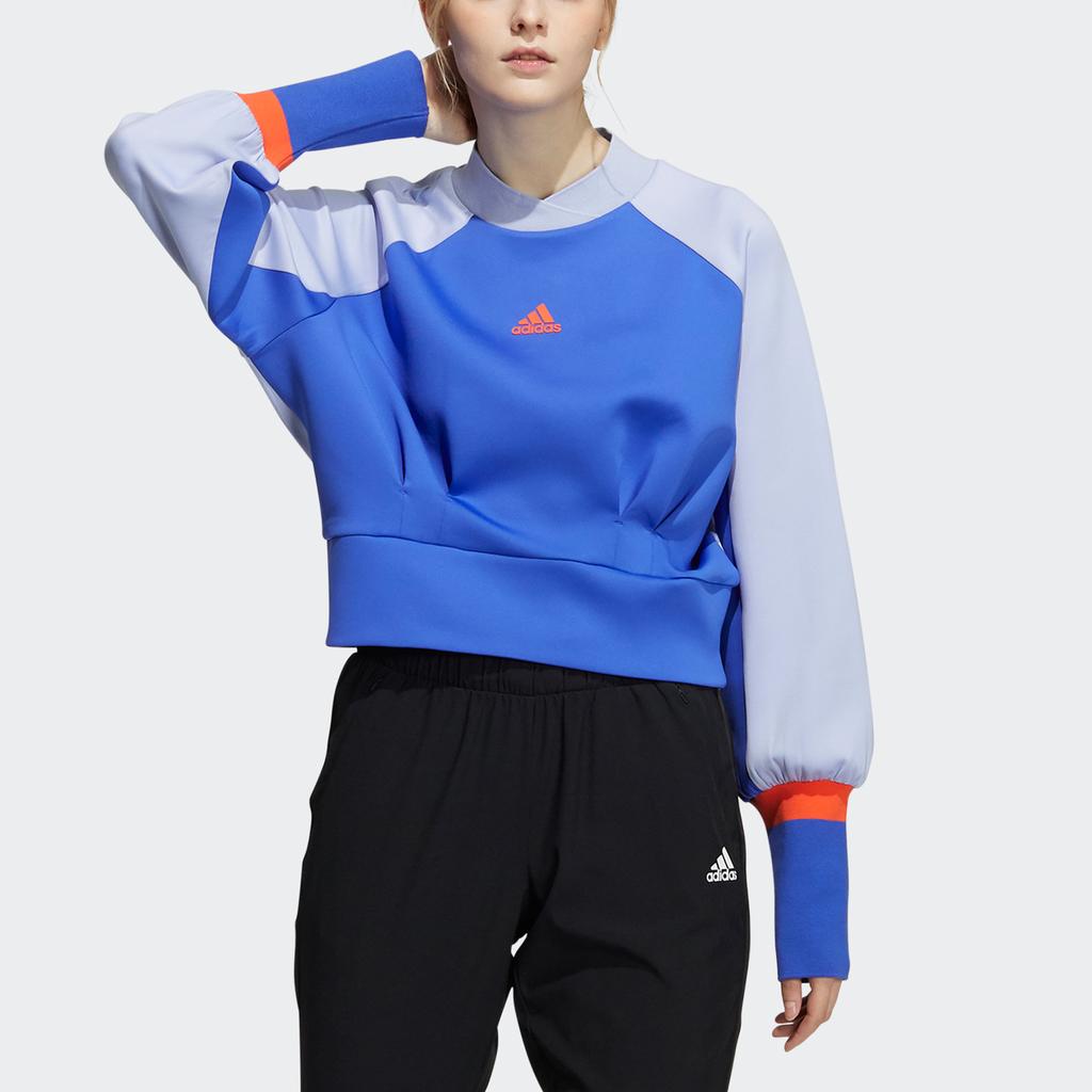Adidas Wx W Rib Sweatshirt Color Block Short Round Neck Sports Vintage American Women Sweatshirt Blue H09676