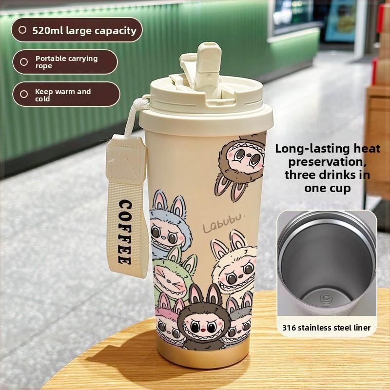 Large Capacity 316 Stainless Steel High Value Double Drink Thermos Cup Seven Labubu Cloth Straw Car Coffee Cup