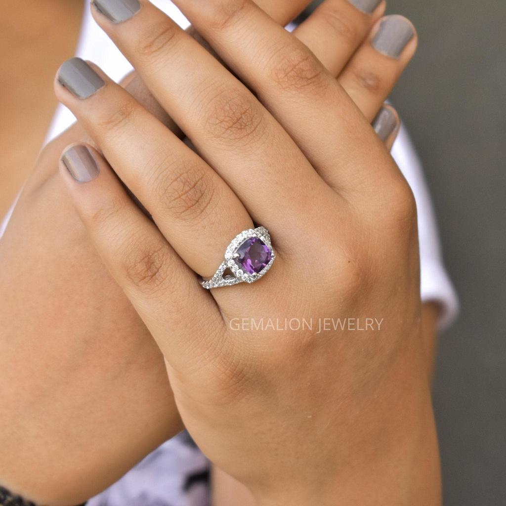 Natural amethyst wedding rings, cushion/square cut purple gemstone, amethyst sterling silver rings, engagement ring, halo ring , amethyst