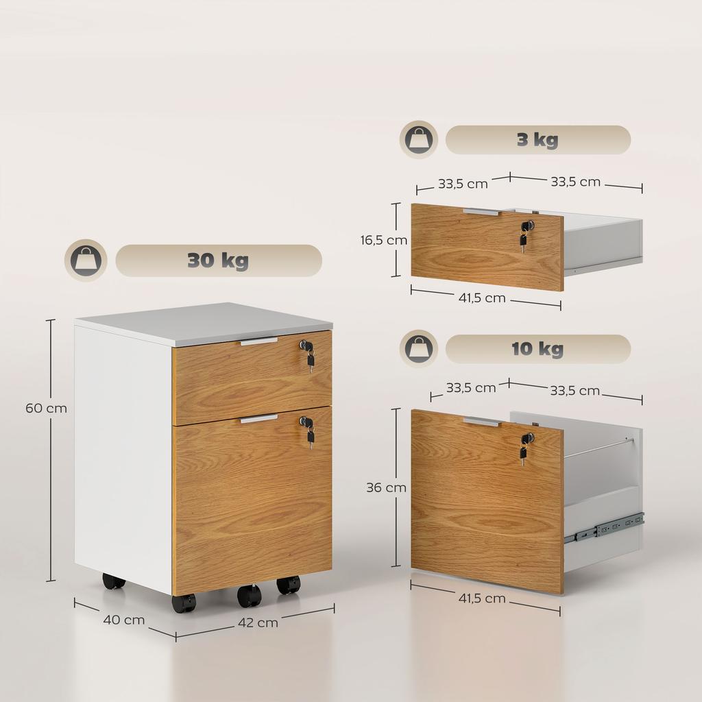 Office Pedestal, 2 Drawers, 2 Hanging File Bars, Lockable, 42 x 40 x 60 cm