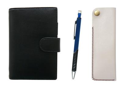 Мини-блокнот системы Eco B7 из коровьей кожи и горизонтальный пенал на кнопке Механический карандаш металлического цвета (белый) (синий) LS002B-NK01W-SI2067SP-L