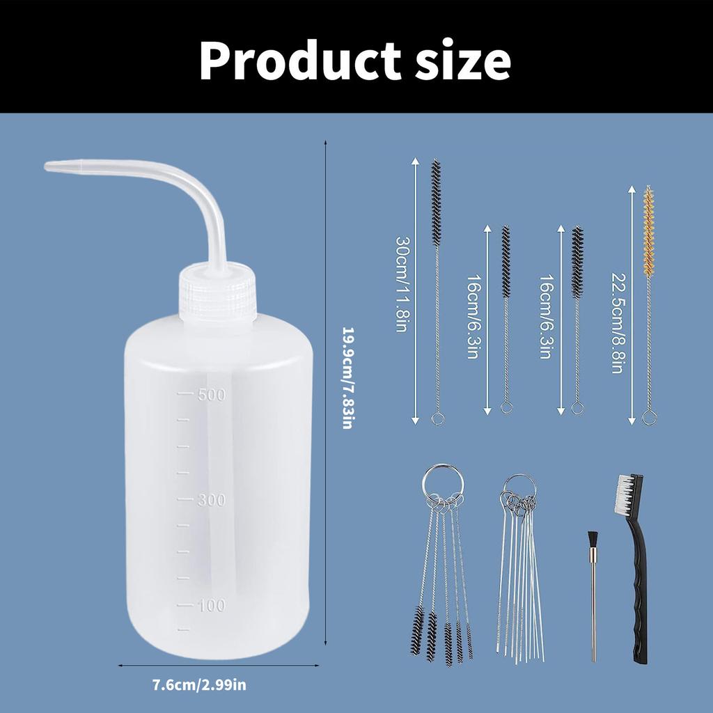 Набор для чистки портативного распылителя из 24 предметов включает 4 моющих бутылки с дозатором и 21 кисть для эффективного обслуживания краскопульта.