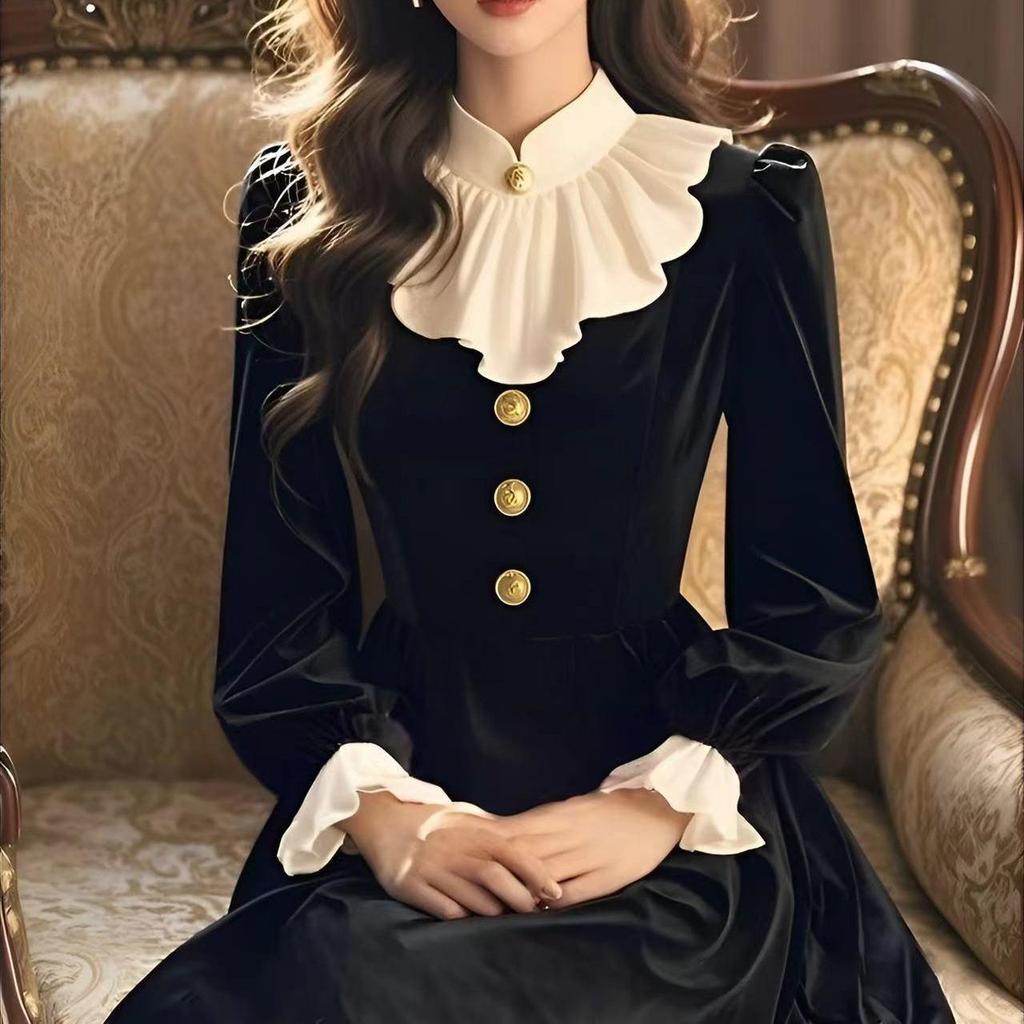 Элегантное Ретро Черное Бархатное Платье с Оборками - Осень/Зима