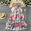 High Quality Floral Beach Maxi Dress Women Slash Neck Elastic Vacation Chiffon A Line Dress Lace Print Long Sundress