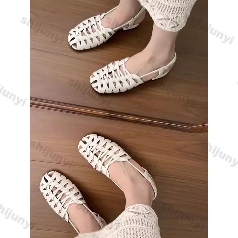 Women's Sandals 2025 New Weave Baotou Lightweight Comfortable Casual Shoes Hollow Breathable Fashion Luxury Square Toe Sandals