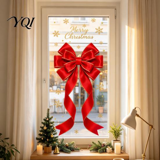 Static Glass Stickers Sticker, Christmas Theme Bow Pattern Print, Removable Reusable Decals Electrostatic PVC Film for Home And Store Doors