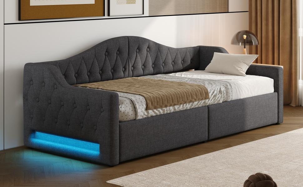 Upholstered 90x200 Daybed with LED Strip and Storage Underneath, Grey