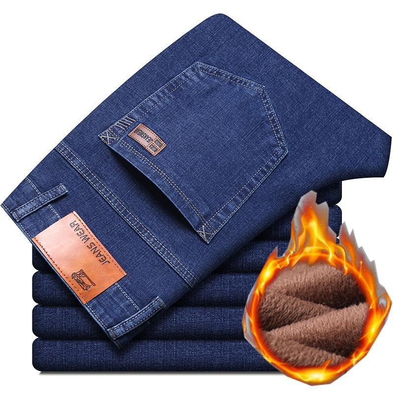 8 Types Of Blue And Black Autumn And Winter Men'S Jeans With Thick Fleece/Regular Optional Loose Straight Leg Casual Warm Outer Pants