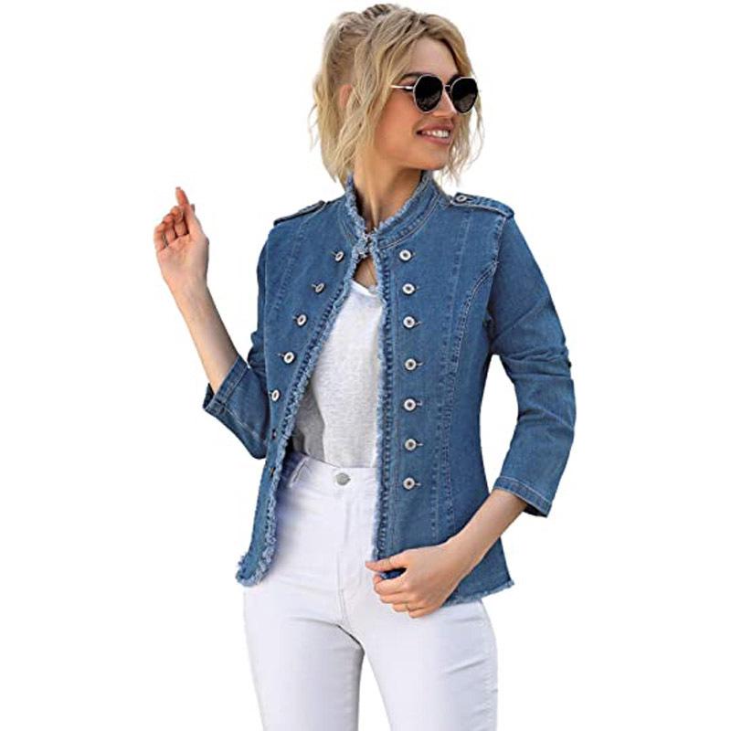 2024 Women's Cross-Border Slim-Fit Denim Jacket - Single-Breasted Stand Collar