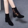Women's 2025 autumn and winter new black matte sheepskin ethnic style embroidered fashion boots round head middle heel comfortable thin boots