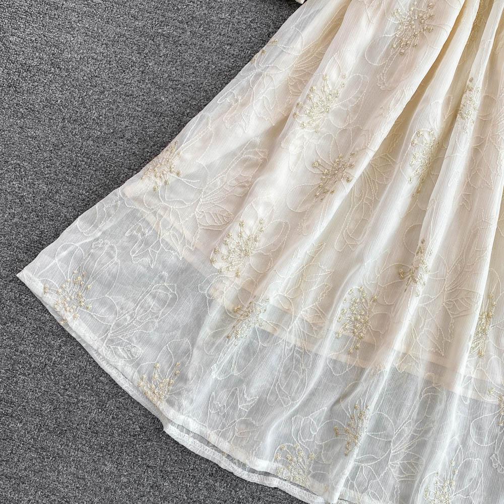 Lente Zachte Wind Temperament Fee Super Xiansen Afdeling Taille Sluiten Dunne Lange Mouwen V-hals Sequin Een-Woord Jurk