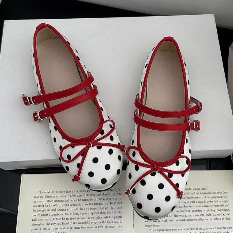Fashion Retro Red Polka Dot Mary Jane Shoes Women Fashion Narrow Band Buckle Bowknot Flat Sandals Women Comfortable Elegant Casual Shoes