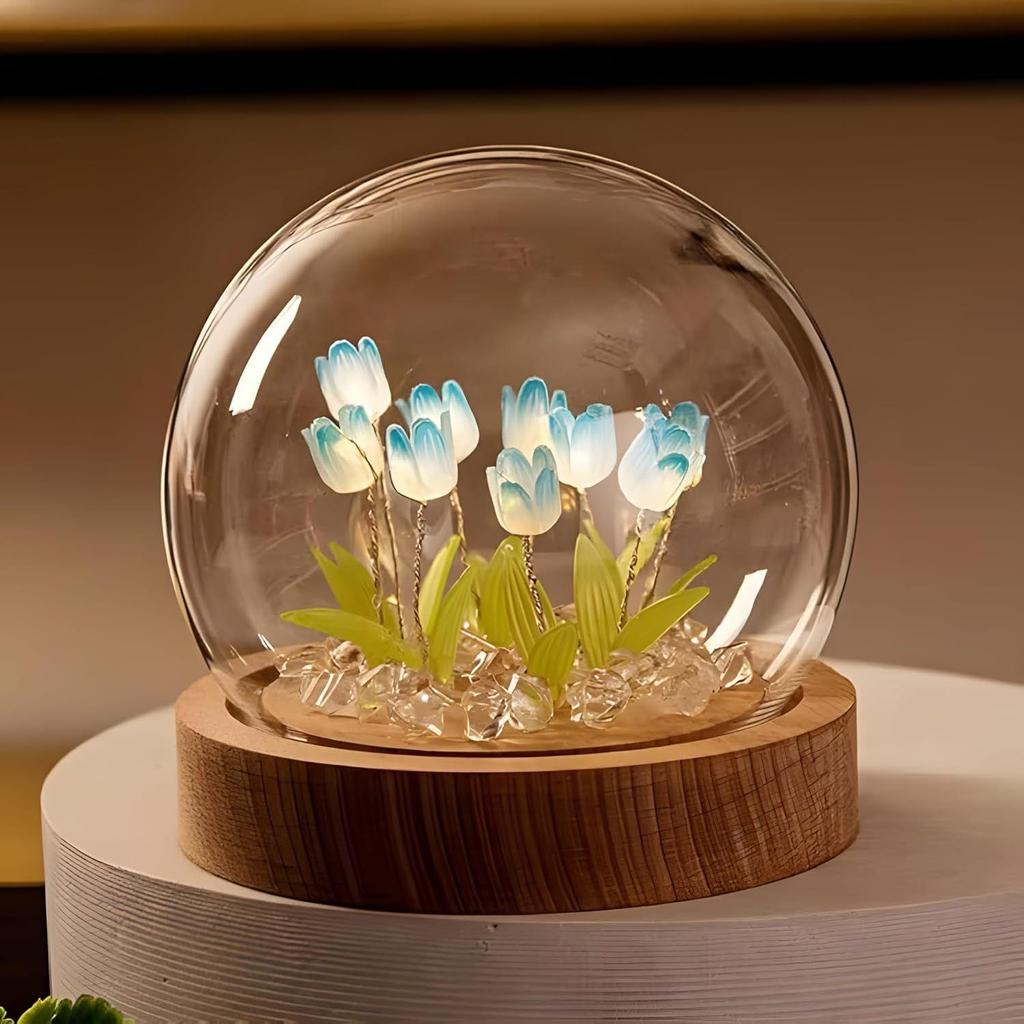 Tulip LED Night Light – Decorative Glass Table Lamp with 10 Artificial Flowers, Soft Glow for Bedroom, Living Room, Birthday & Gifts