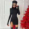Women Spring Autumn Long Sleeve Bodycon Soild Color Black Slim Package Hip Mini Dress Female Clothing Streetwear
