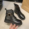 Мода 2024 Новые Осенне-зимние Женские Модные Ботинки на Толстой Подошве в Британском Стиле на Толстом Каблуке с Металлической Пряжкой на Шнуровке