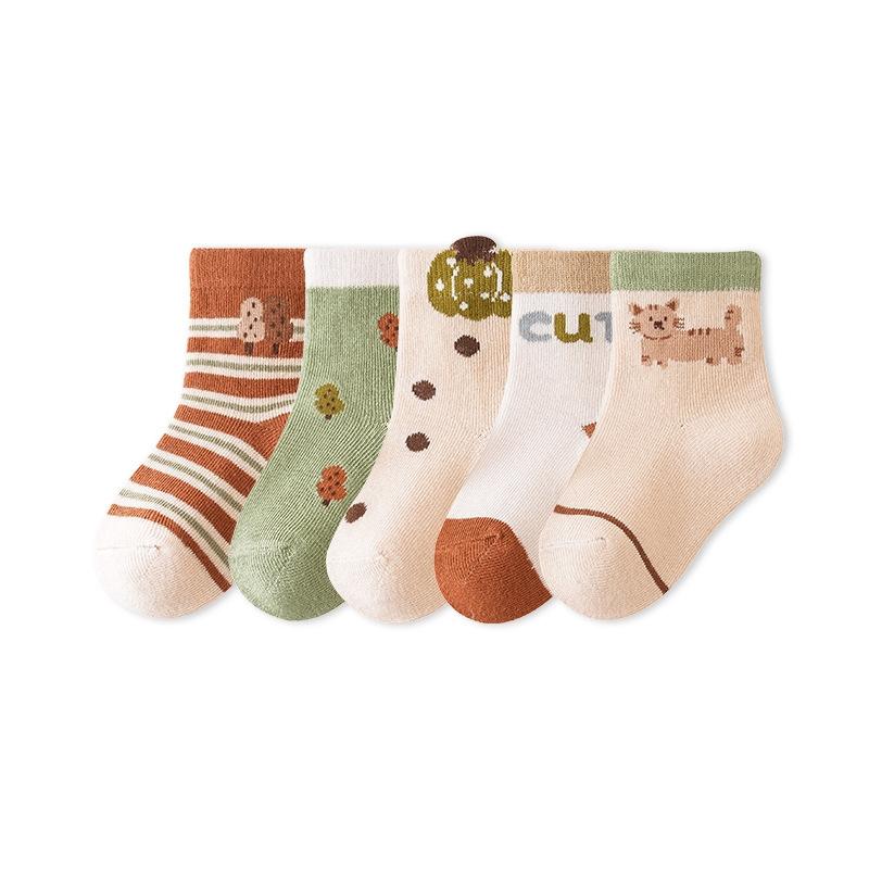 5 пар/комплект детских носков из хлопка, весна-осень, детские носки среднего размера с изображением животных из мультфильмов, милые носки для малышей, девочек и мальчиков