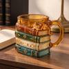 3D Стакан в форме стопки книг, штабелируемая винтажная стеклянная кружка, милый дизайн с кошкой, стильный домашний декор для полок, креативная кофейная кружка, декоративная и для офиса