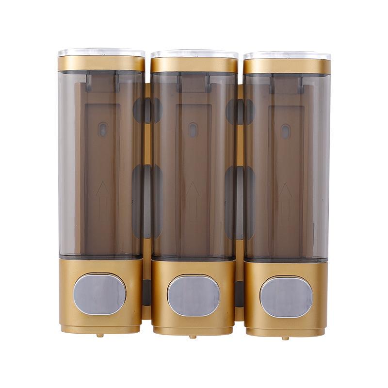 Wall Mount Triple Head Soap Dispenser, No Drill Manual Press Liquid Soap Container for Hotel & Home, Shampoo Shower Gel Dispenser Box