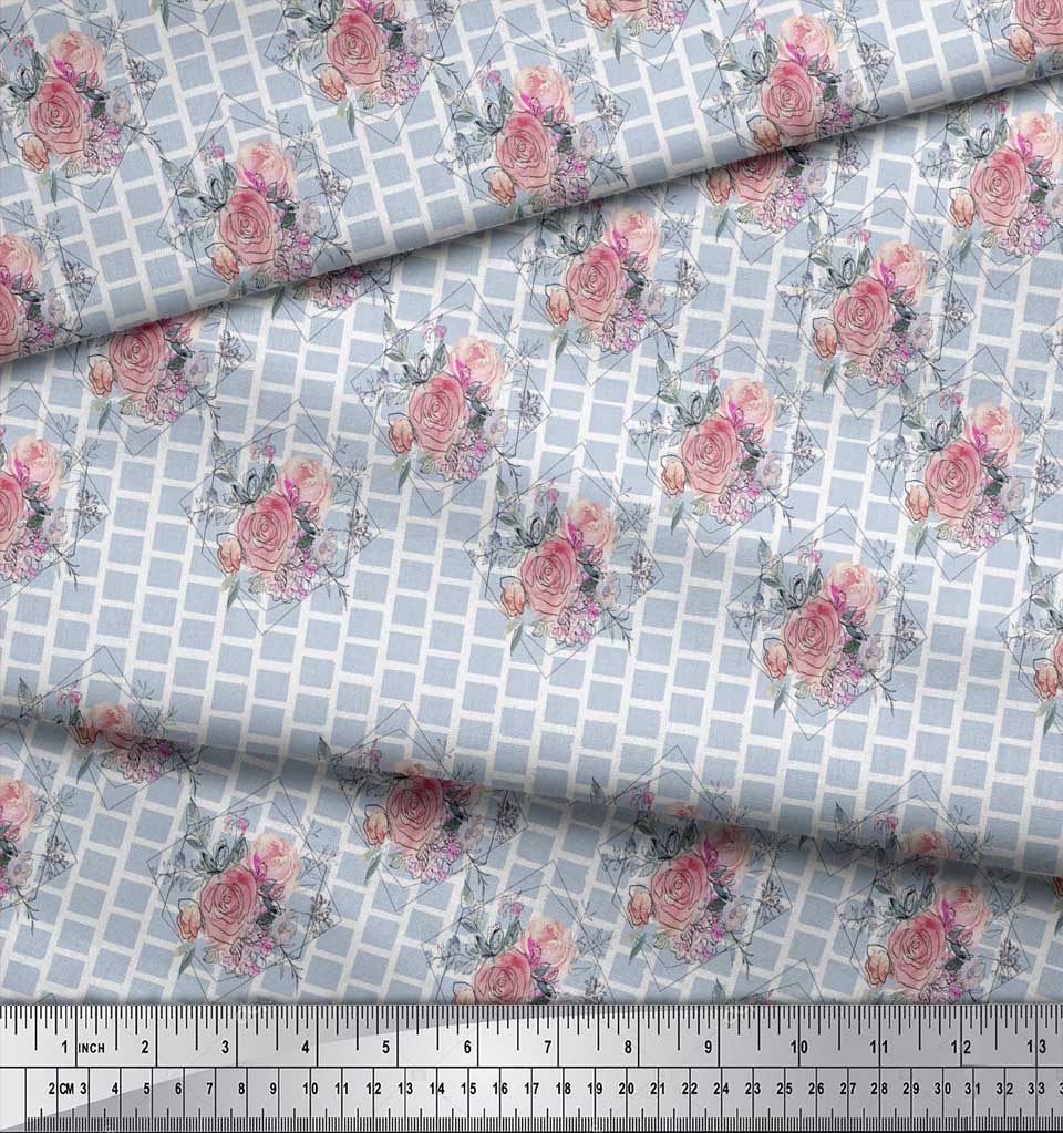 Soimoi Gray Poly Crepe Fabric Square & Rose Floral Print Sewing Fabric metre 42 Inch