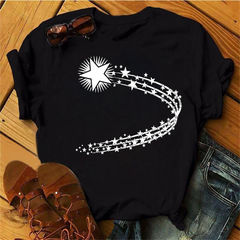 Maycaur Woman Star Moon Print Harajuku Летние футболки Повседневная футболка с круглым вырезом и коротким рукавом Женская черная футболка Прямая поставка