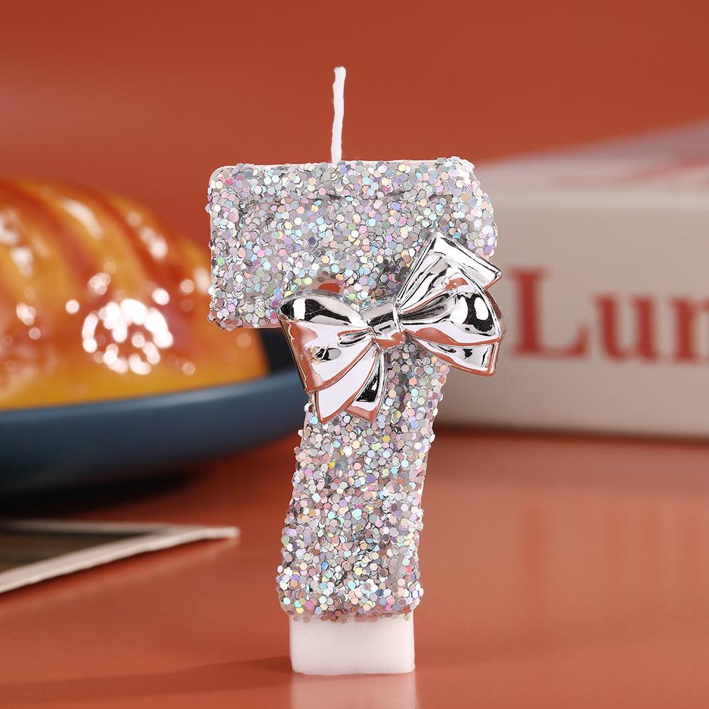 Digital Birthday Candle Silver Sequin Bow Party Decoration Creative 0-9 Number Candles Birthday Cake Plugin for Party Supplies