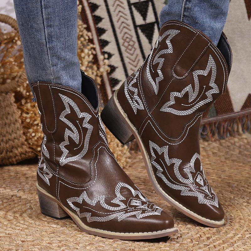 Женские ковбойские сапоги с острым носком, очень массивные каблуки, вышитые ковбойские сапоги, женские ботинки с V-образным вырезом и широкими щиколотками