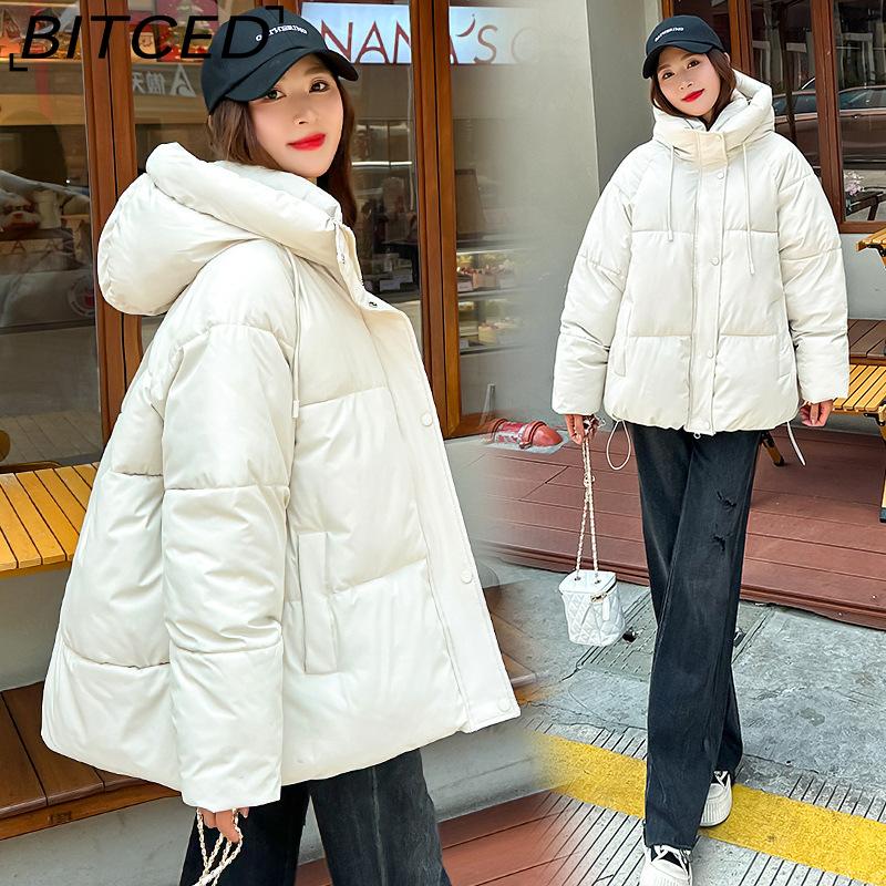 BITCED Plus Size Thickened Cotton Coat Women's Fall/Winter A-Line Loose Fit Puffer Jacket Warm Cotton-Lined Hooded Outerwear