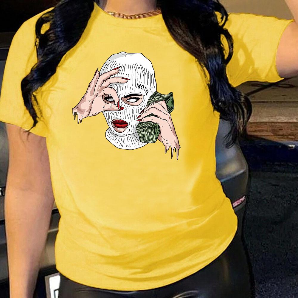 Поддельные доллары США Хлопковая футболка с коротким рукавом и круглым вырезом для женщин Топы с 2D-печатью