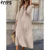 Women's Fashion Spring Fall Solid Color Print Long Sleeve POLO Neck Middle Waistline Casual Dresses