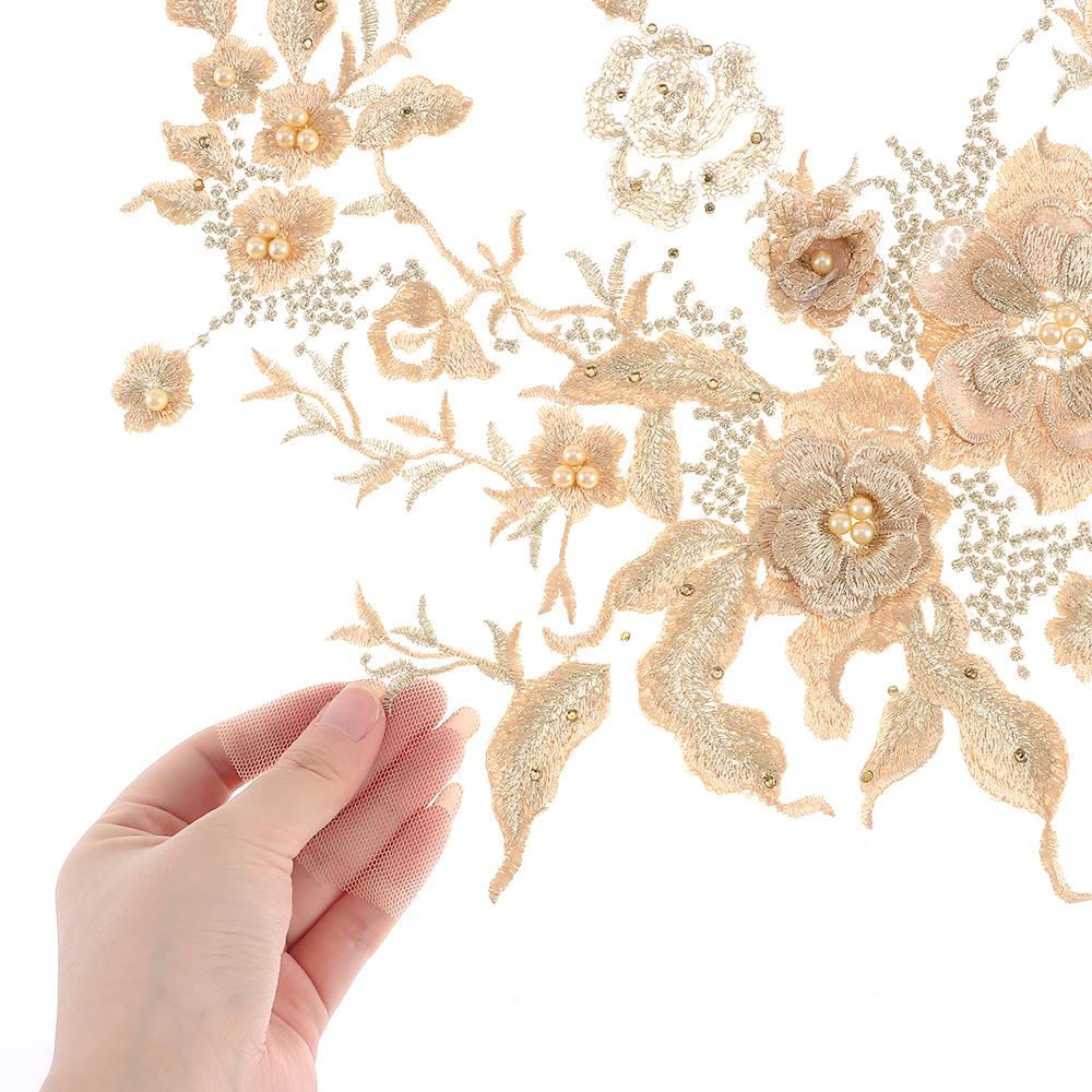 material 3D Flower Fabric Beaded Lace Applique Embroidered Flower Patch for Dresses Bridal Dress