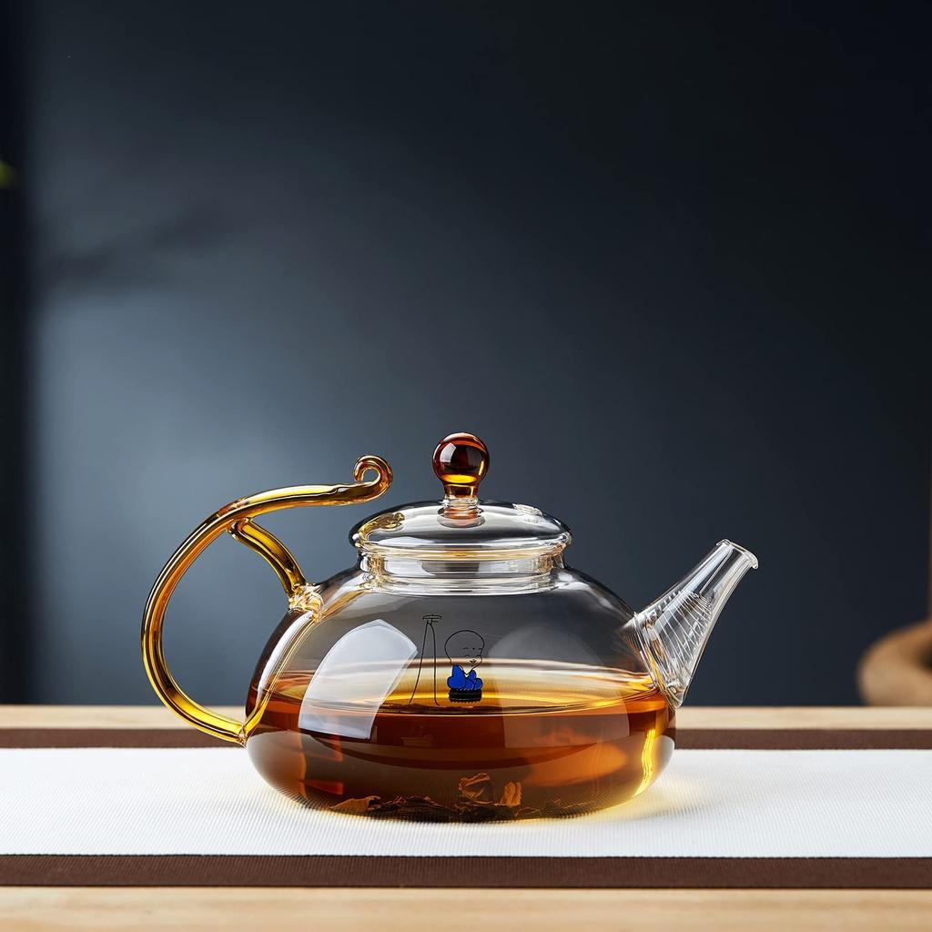 Pokaro Tea Glass Teapot, Heat-Resistant, Clear, Shatter-Resistant, Zen, Monk-Style, Round Teapot for Black Tea, Green Tea, Fruit Tea, and Loose Leaf