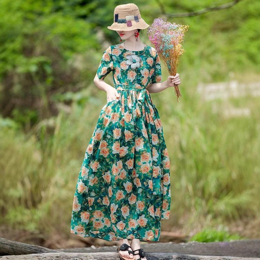 Платье из хлопка и льна с ретро-принтом для женщин, лето 2025, новое длинное платье со шнуровкой на талии и круглым вырезом с короткими рукавами