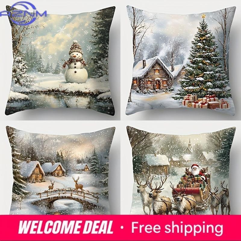 Home Decor Snowy Winter Scenes Santa Cabin Designs Pattern Cushion Cover Suitable For Sofa Bedroom Car Pillow Cover