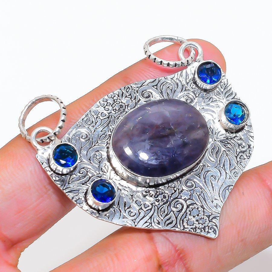 Natural Russian Charoite, Iolite 925 Sterling Silver Jewelry Pendant 1.97" ZS-300