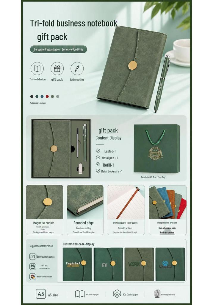 A5 Tri-fold Business Notebook Gift Box Set - Premium Company & School Gift with Logo