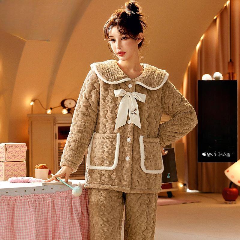 Коралловая бархатная пижама женская зимняя трикотажная стеганая куртка из толстой фланели корейский кашемировый женский комплект домашней одежды можно носить на улице