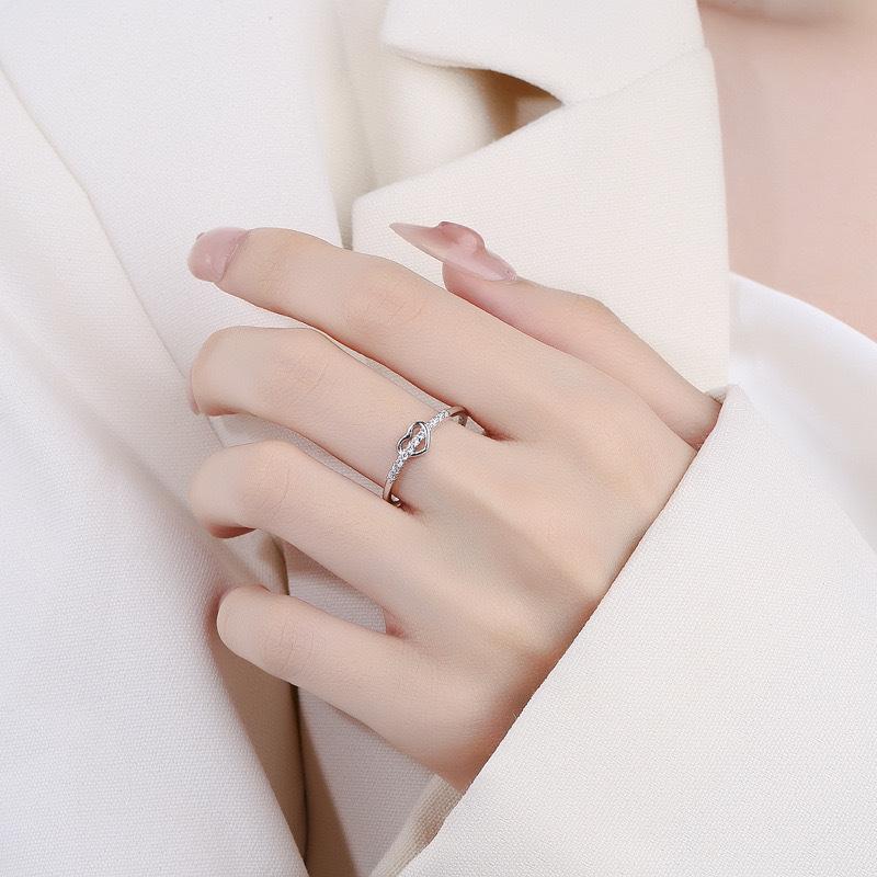 S925 Sterling Silver Ring Women's High-end Sweet and Delicate Heart-shaped Diamond-set Personalized Hollow Open Ring