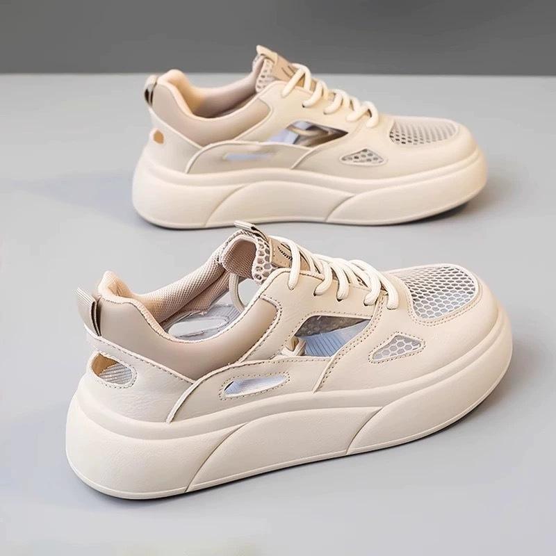 Женские весенне-осенние новые толстоподошвенные полые дышащие универсальные повседневные туфли с отверстиями спортивная сетчатая обувь