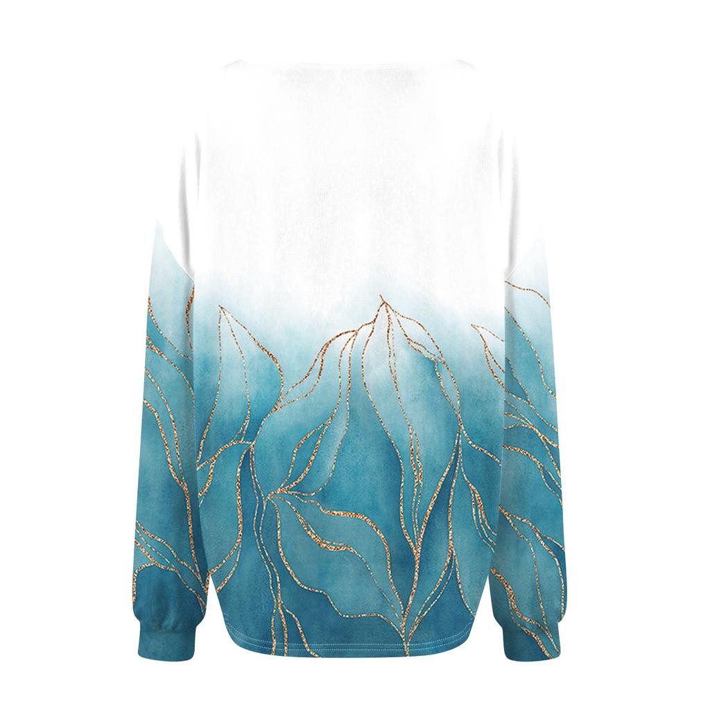 Женская мода V-образный вырез длинный рукав принтованный свободный пуловер свитшот топ