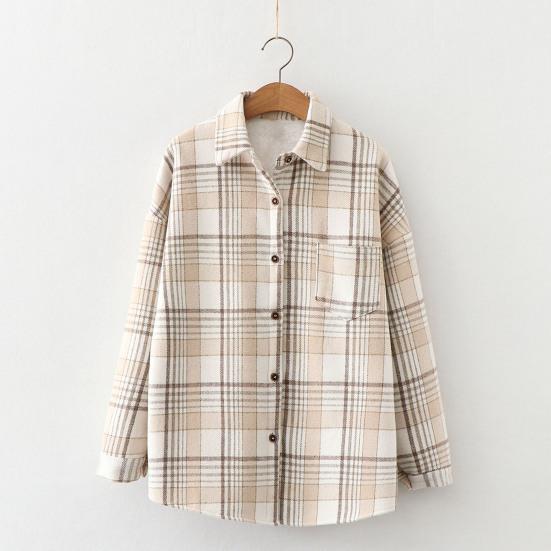 Lapel Long Sleeves Patch Pocket Single Breasted Woolen Coat Thickened Fluffy Lining Plaid Print Shirt Jacket Outerwear