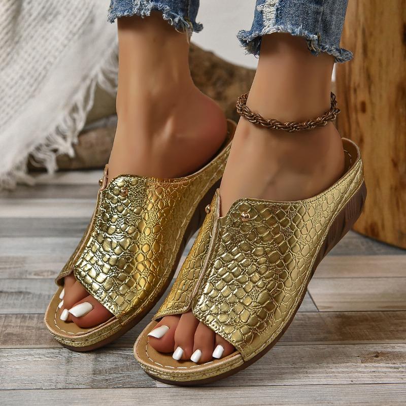 Модные женские тапочки, босоножки на танкетке золотистого цвета для женщин, летние босоножки на платформе в стиле ретро с застежкой-молнией, гладиаторские туфли на толстой подошве, большие размеры