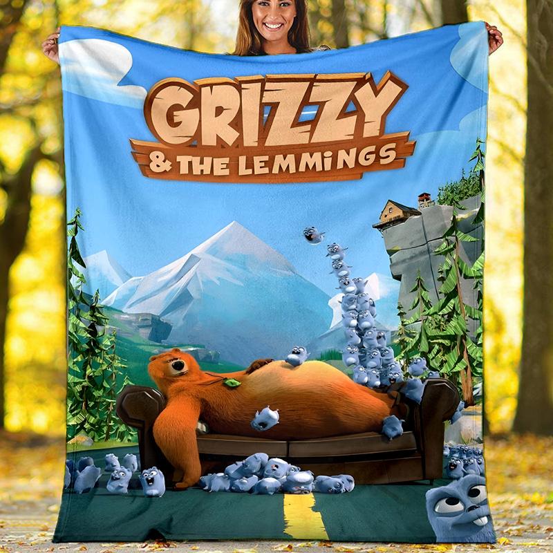 1pc Grizzy The Lemmings1 Theme Blanket - Digital Print, Polyester, Cozy for All Seasons, Perfect for Outdoor, Camping, and Travel