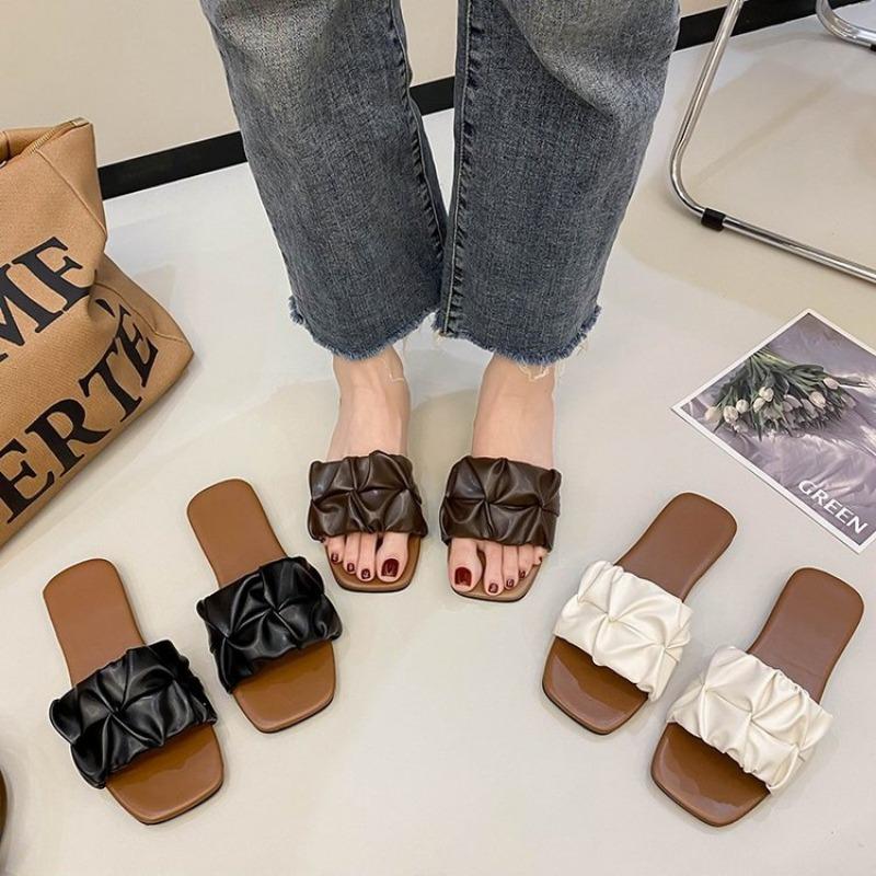 Летние тапочки для женщин, шлепанцы, балетки, новые плиссированные корейские тапочки, женские сандалии, зеленые туфли без застежек, большой размер 35-43