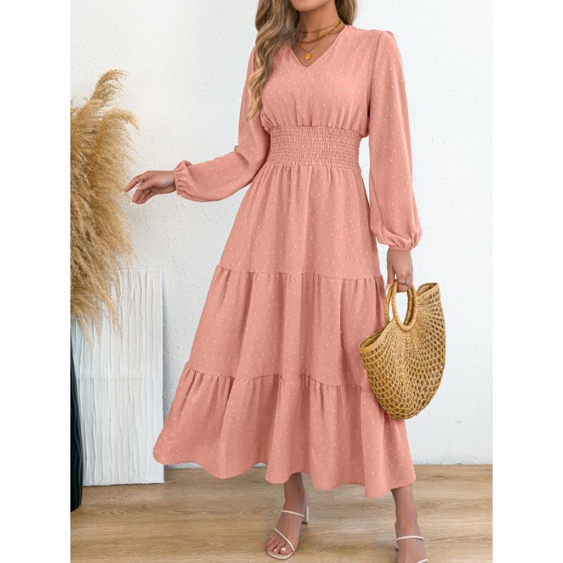 Women Elegant Solid Color Pom Pom Long Sleeve High Waist Ruffled A Line Long Dress