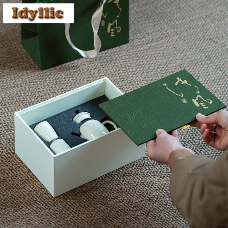 Белый рельефный чайный сервиз печи Дин, полный набор, ручная работа, набор для чайной церемонии, набор чайник и чайные чашки, чайный сервиз, украшения