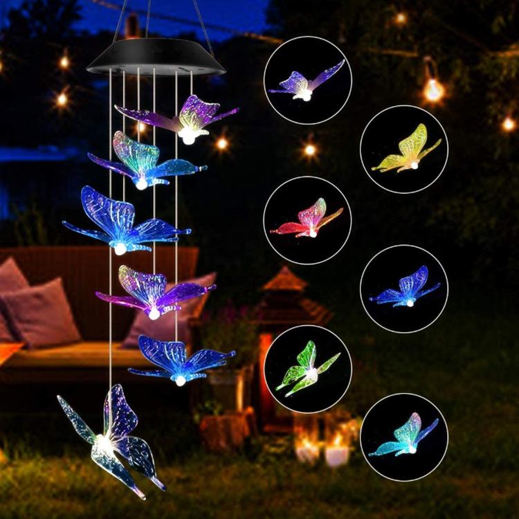 1PC Led Color Changing Solar Wind Chime Light Waterproof Outdoor Windchime Butterfly Hanging Lamp for Garden Decoration