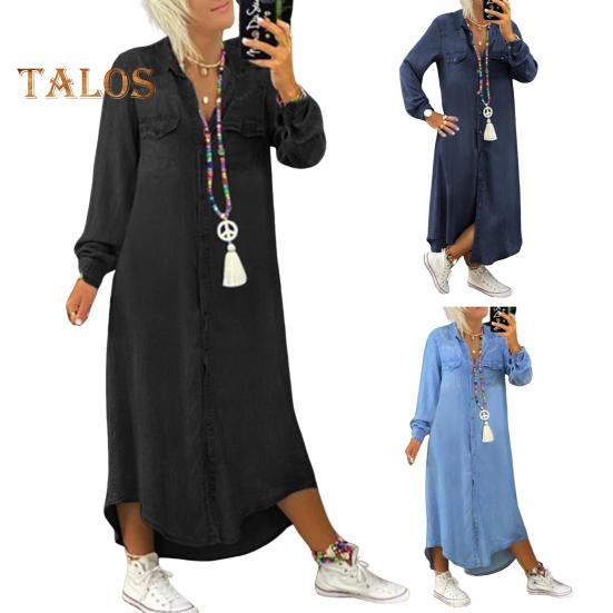 Осенне-весеннее женское платье однобортное с лацканами, свободный покрой, длинные рукава, нагрудный карман, разрез по низу, платье больших размеров, однотонное, на пуговицах, А-силуэт, повседневная одежда, макси