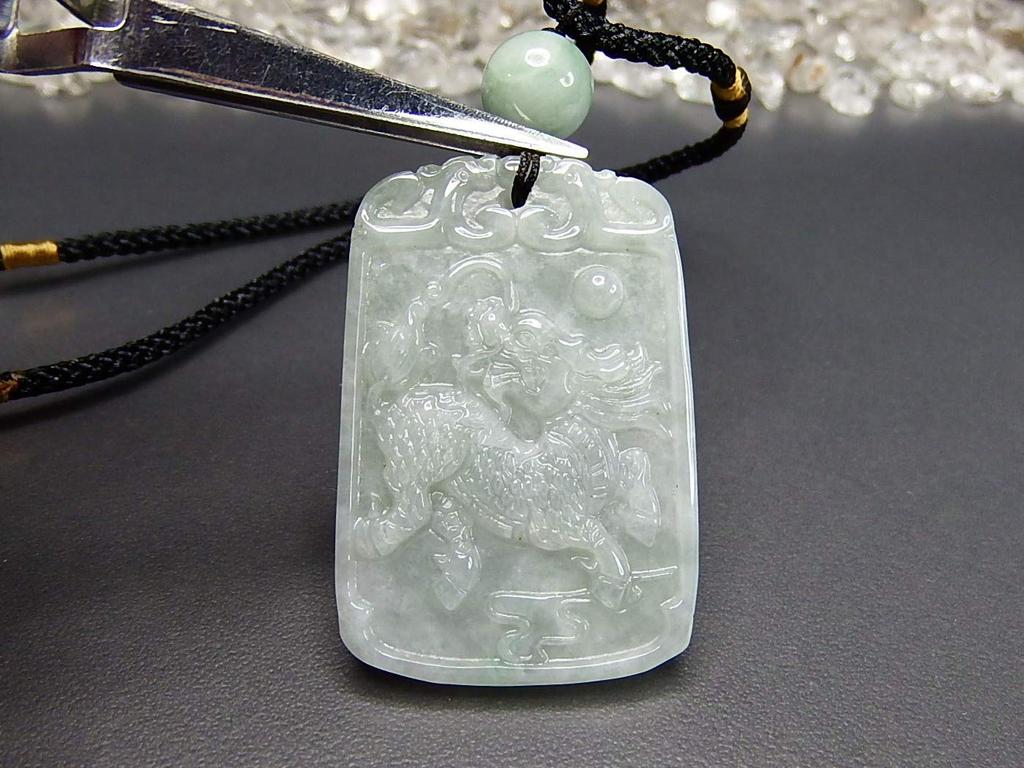 Ishigai Good Luck Samurai Amulet Kirin Hand Carved Jade Pendant Necklace Natural Stone