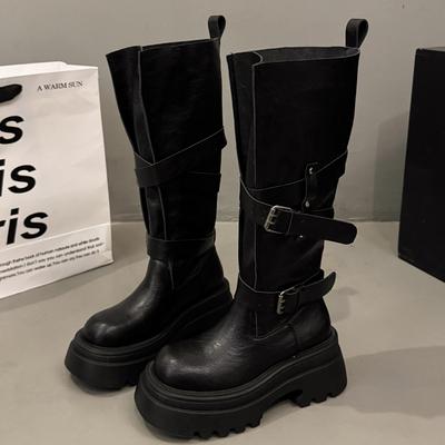 Новые женские длинные сапоги до колена, модные туфли на платформе, зимние сапоги-гладиаторы из мягкой кожи, мотоциклетные сапоги Mujer