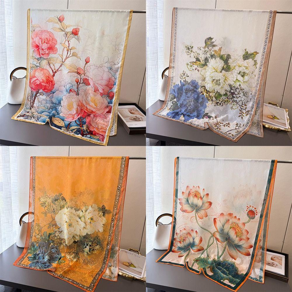 Soft Silk Scarves Peony Flower Female Shawl Wrap Fashion Women Head Scarf Summer